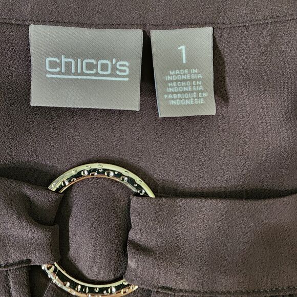 Chico's Womens Top Size 1 Medium Brown Asymmetrical Hem Grommet Cold Shoulder - Picture 10 of 14